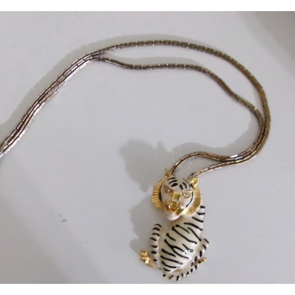 Vintage HUGE Tiger Pendant Enamel Gold Tone Rhinestone Eyes Statement Necklace